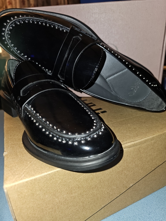 The Franco Sarto Women's Eden Studded Penny Loafer Shoes - The Franco Sarto Women's Eden Black Patent Studded Penny Loafers